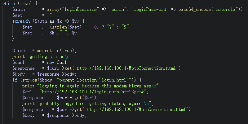 A snippet of code showing how the script logs into the modem by doing a simple GET request with the username/password query parameters.