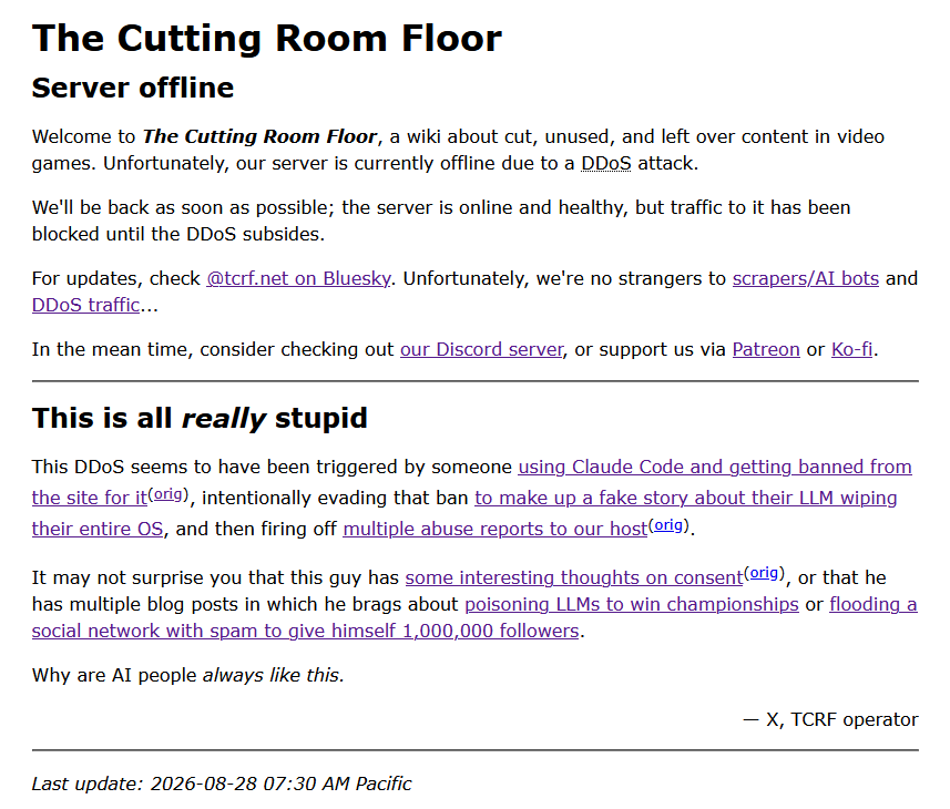 written by hand in a text editor like God intended a screenshot of our status page as it was early august 28, talking about visiting our bluesky account @tcrf.net and with links to our discord and patreon / kofi