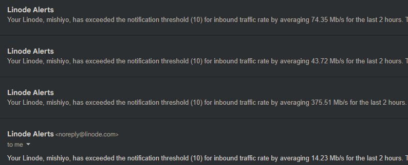 i searched my entire inbox and i've only ever gotten like, 4 of these, ever, before this started. multiple emails alerting me that my linode, the one that runs TCRF, has exceeded the notification threshold for incoming traffic (10 Mbps) by averaging 74, 43, 375, and 14 Mbps (yes, three hundred seventy five)